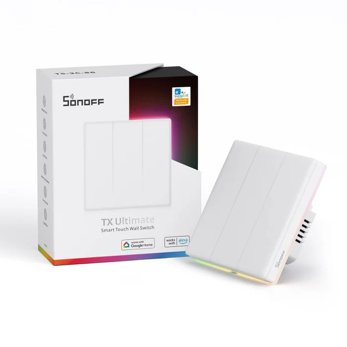 intrerupator smart sonoff t5-3c-86 wifi cu full touch (3 canale), lumina led 5a 1200w